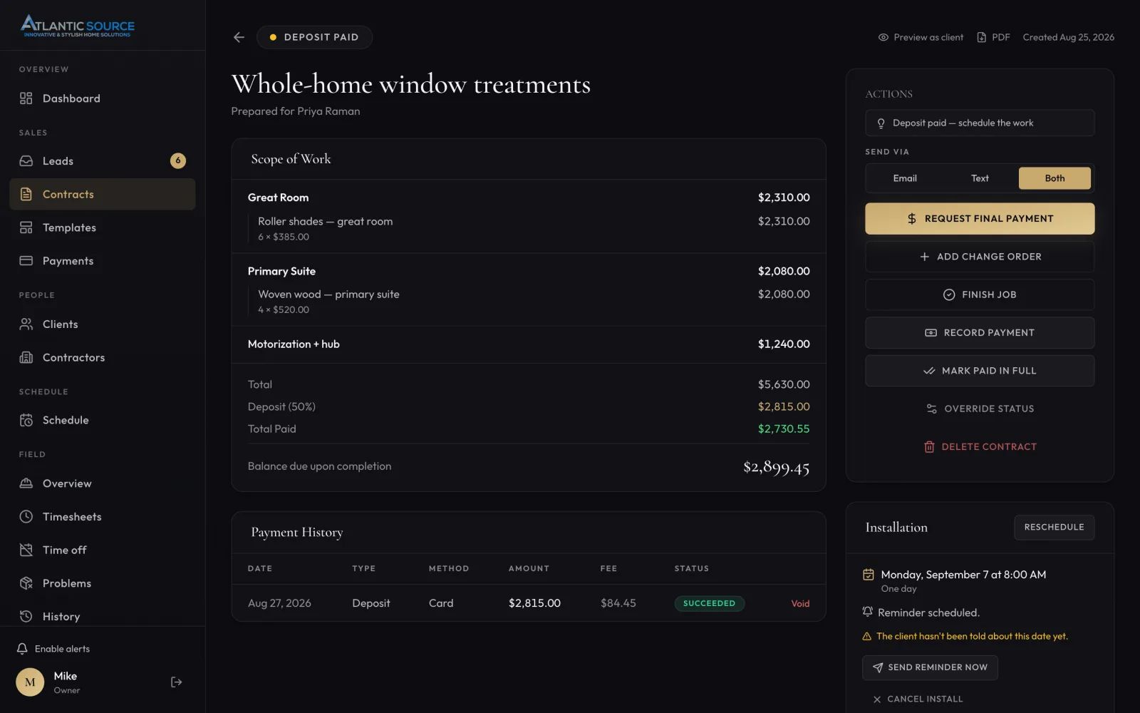A single contract: scope of work by room, totals, deposit, payment history, and the install date.