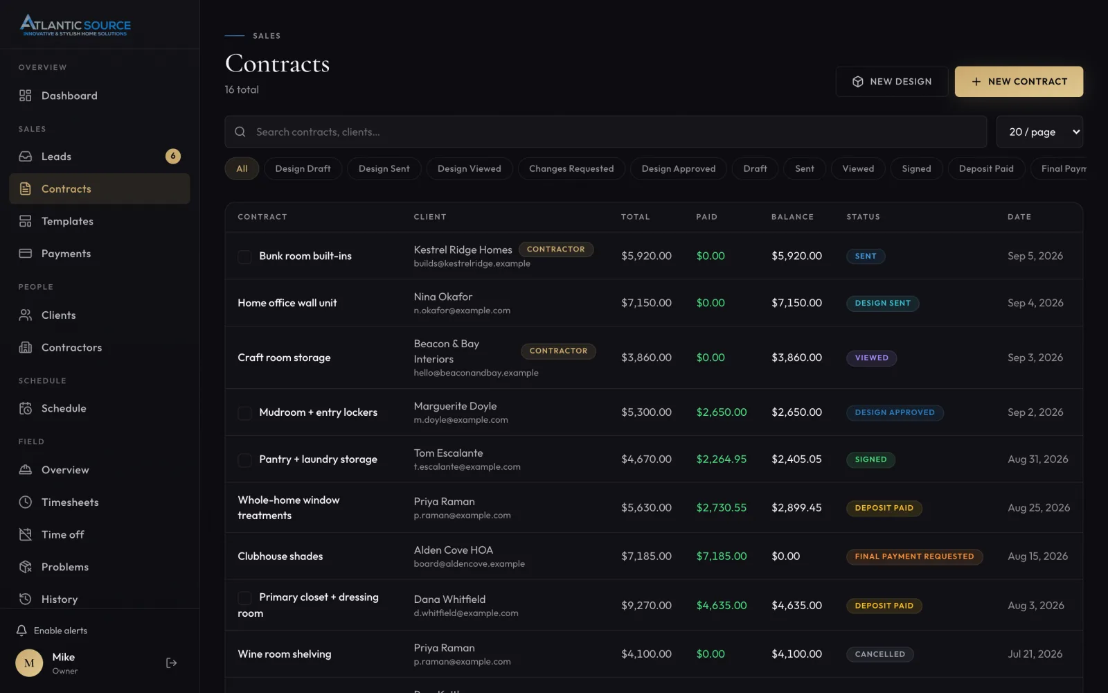 The contracts screen: a table of jobs with client, total, amount paid, balance and status.