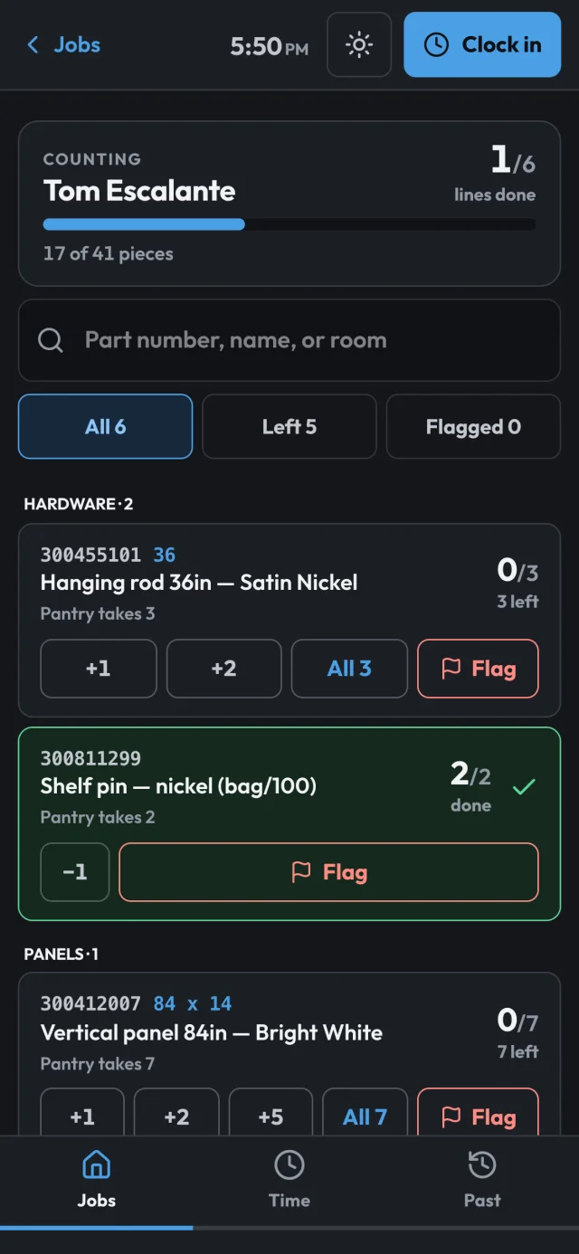 The inventory counting screen: part numbers with plus-one, plus-two and flag buttons, and a progress bar.