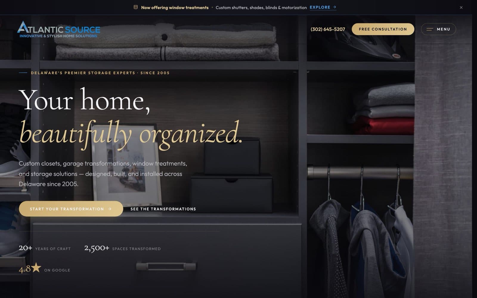 The Atlantic Source homepage: a dark hero photograph of a custom closet with the headline 'Your home, beautifully organized.'