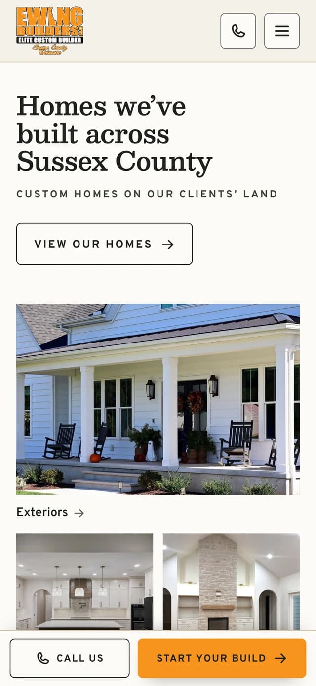 The homes section on a phone, with exteriors, kitchens and living spaces sorted by room