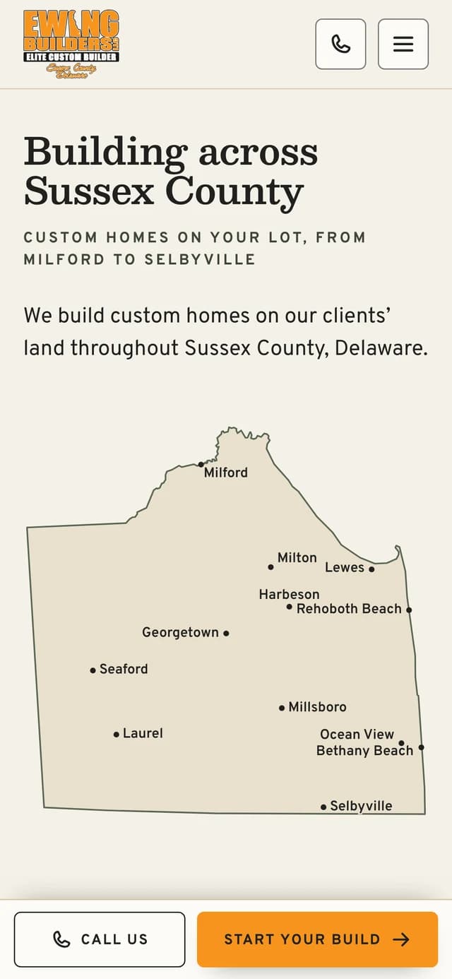 A map of Sussex County marking the twelve towns Ewing Builders builds in